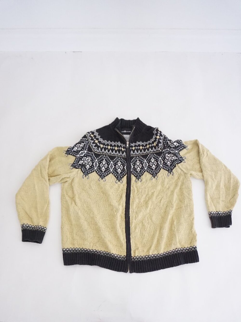 Vintage Sag Harbor Black Nordic Zip Front Knit Sweater Fair Isle Cardigan XL